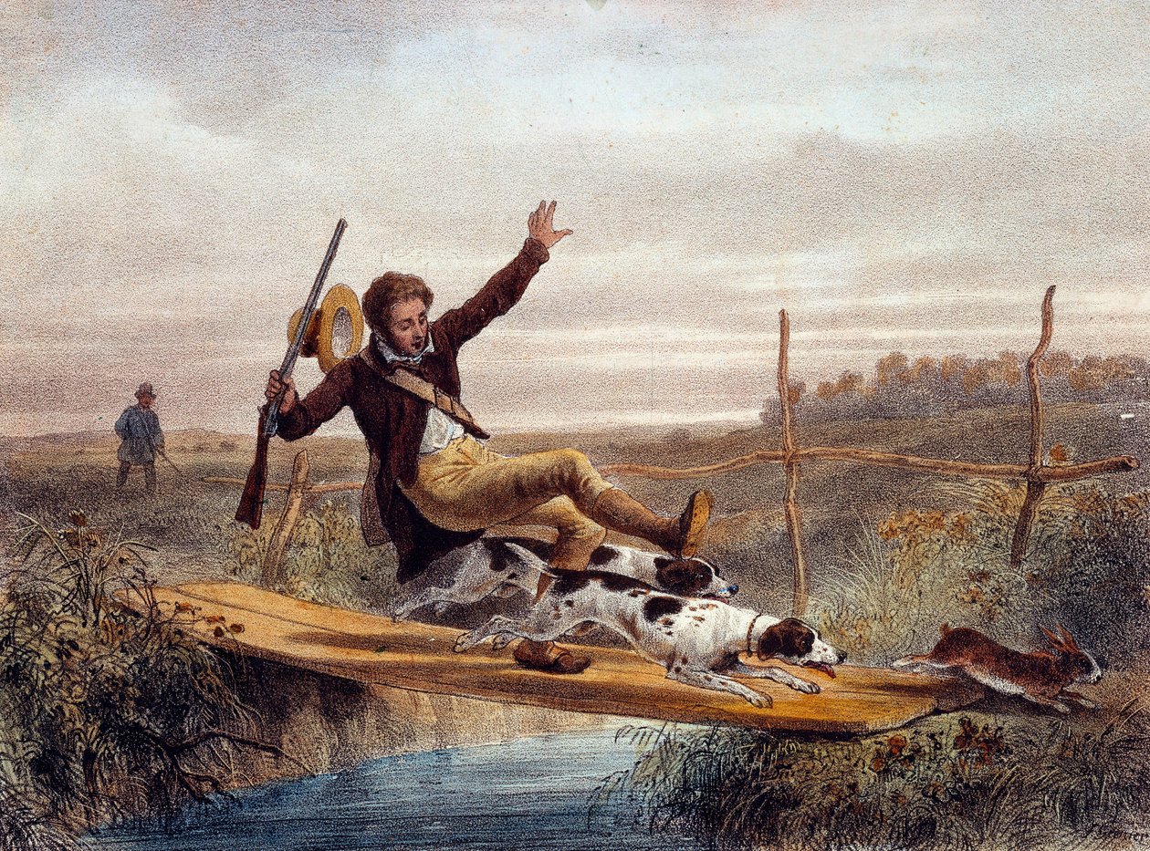 Rossz lépés. Egy vadász leesik egy kis hídról, nyulat futtató kutyák lökdösik. századi metszet. Gien, Vadászati Múzeum alkotó: Unknown artist