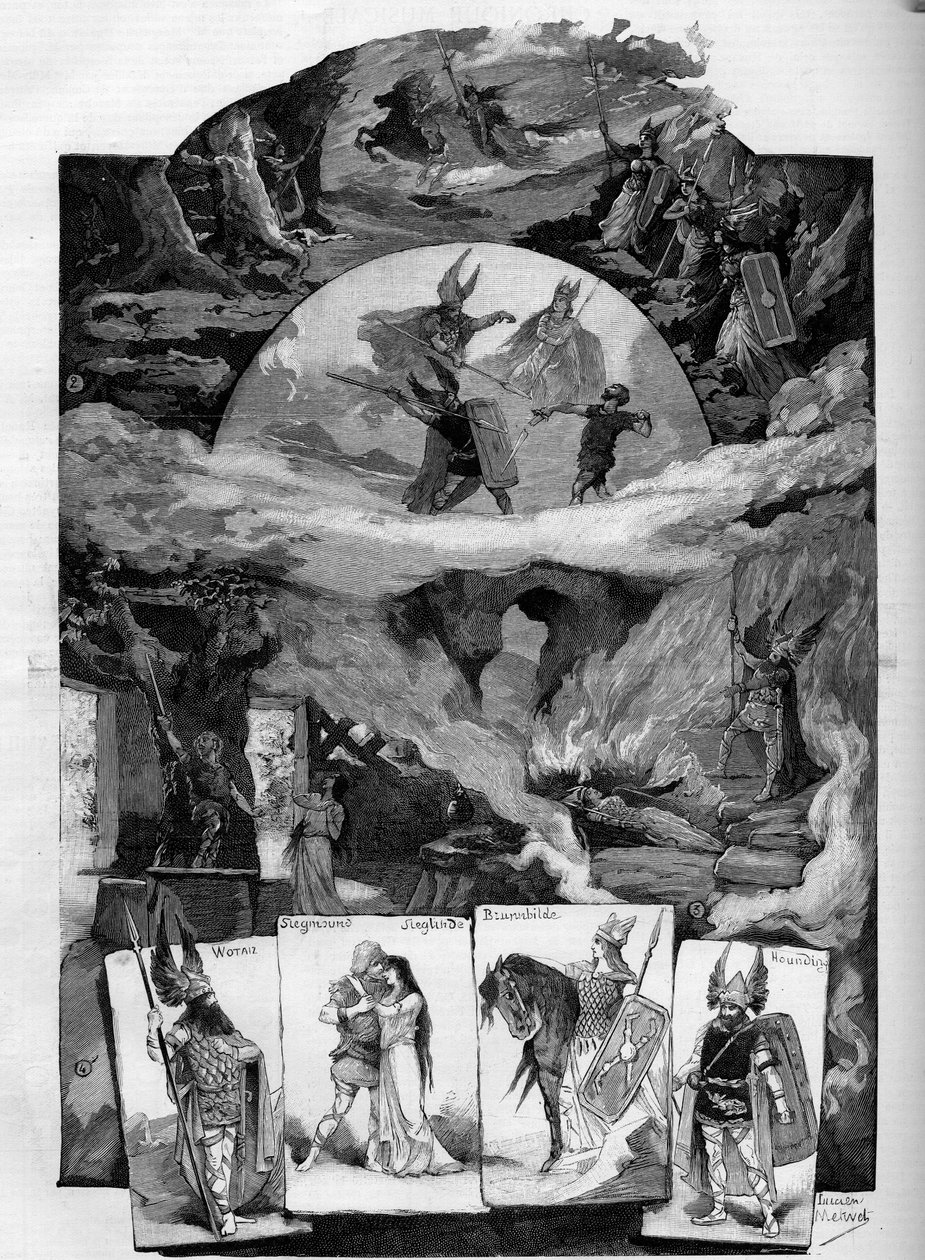 A „Die Walkure” (A Valkűr) című színházi darab Richard Wagner (1813-1883) drámája a brüsszeli Théâtre de la Monnaie-ban látható. Metszet a ""A jeles világban"" alkotó: Unknown artist