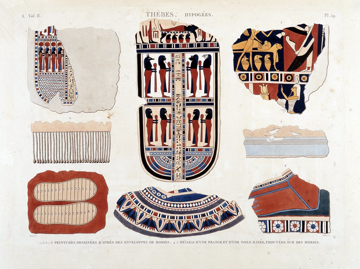 Théba, Hypogees: 1.2.3.6.7.8. festmények múmiaborítékokból 4.5. Részletek egy rojtról és egy csíkos vászonról, múmiákon találva - „Egyiptom leírása” című részben” 1809, Antiquite vol 2 pl 112 alkotó: Unknown artist