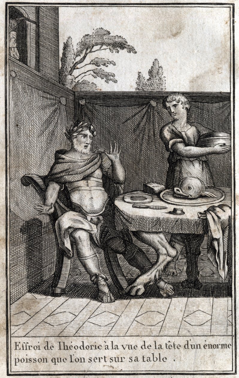 Nagy Theodorik (kb. 454/455-526), a gótok királya megijed az asztalán felszolgáló hatalmas hal feje láttán. Metszet a „Beaute de l