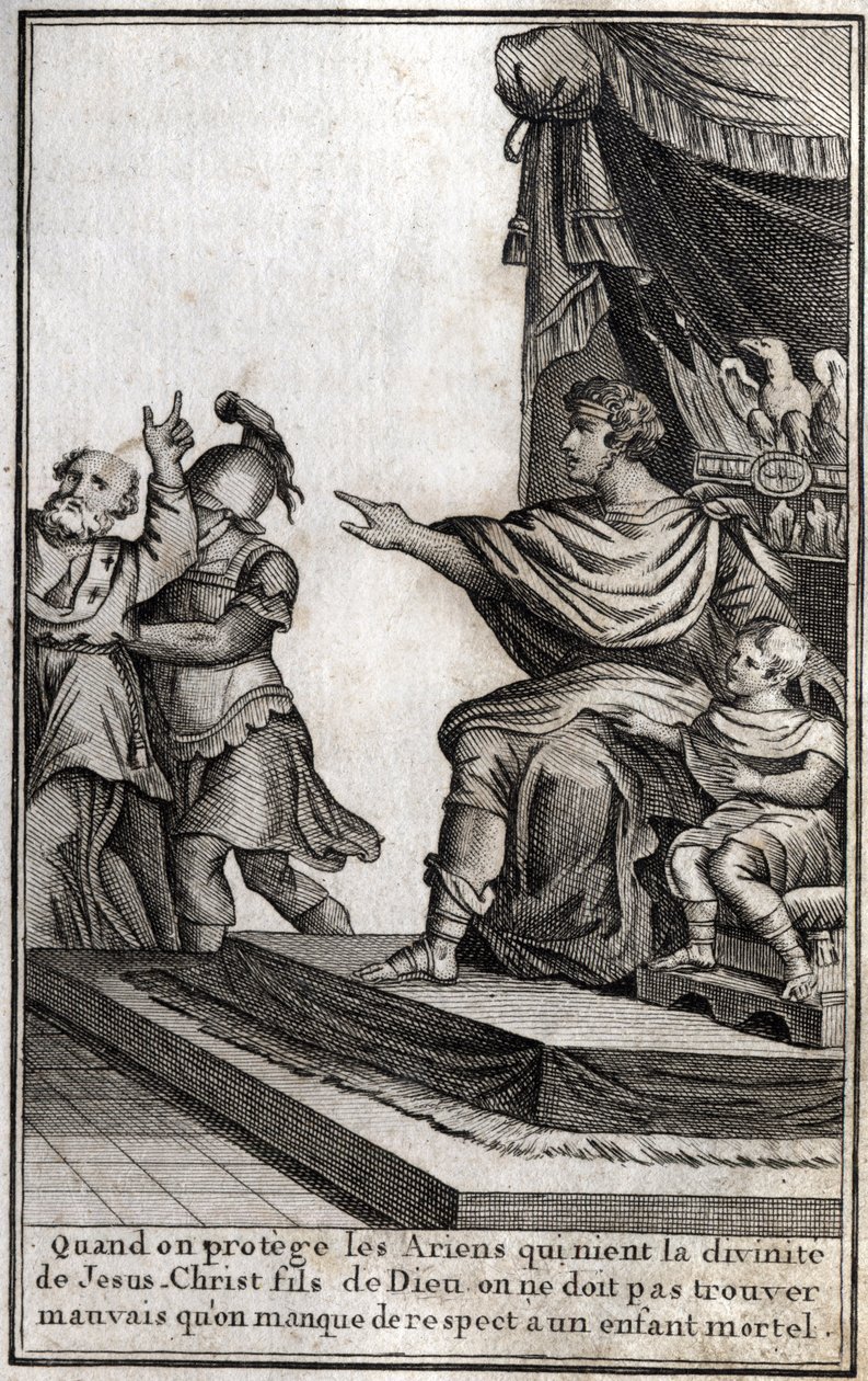 I. Theodosius (Flavius Theodosius) (347-395), római császár, Amphiloque-ot, Icone eveque-jét letartóztatták fia, Arcadius (377-408) iránti tiszteletlenség miatt. Az eveque kijelenti: „Amikor megvédjük az ariánusokat, akik tagadják Jézus Krisztus, Isten Fia alkotó: Unknown artist