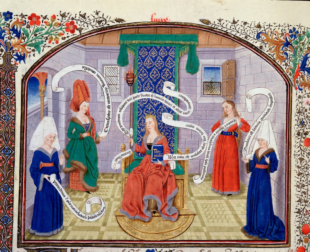 Az intellektuális erények elmélete. A dalszövegek a phylacteresben vannak írva. Miniatűr a kéziratból (Ms 927 Fol.93v) Arisztotelész (Kr. e. 383-322) görög filozófus "" Kommentár a politikai és gazdasági etikához" - Nicolas Oresme (1325-1382) fordításában alkotó: Unknown artist