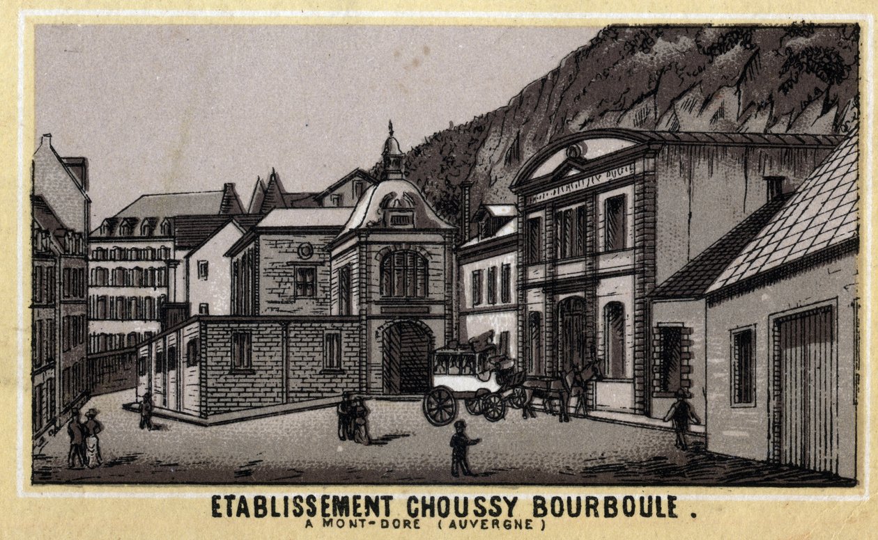 A Choussy a Bourboule termállétesítményei a Monts Dore-hegységben, Puy-de-Dome megyében Auvergne-ben. A 19. század végének kromolitográfiája. alkotó: Unknown artist