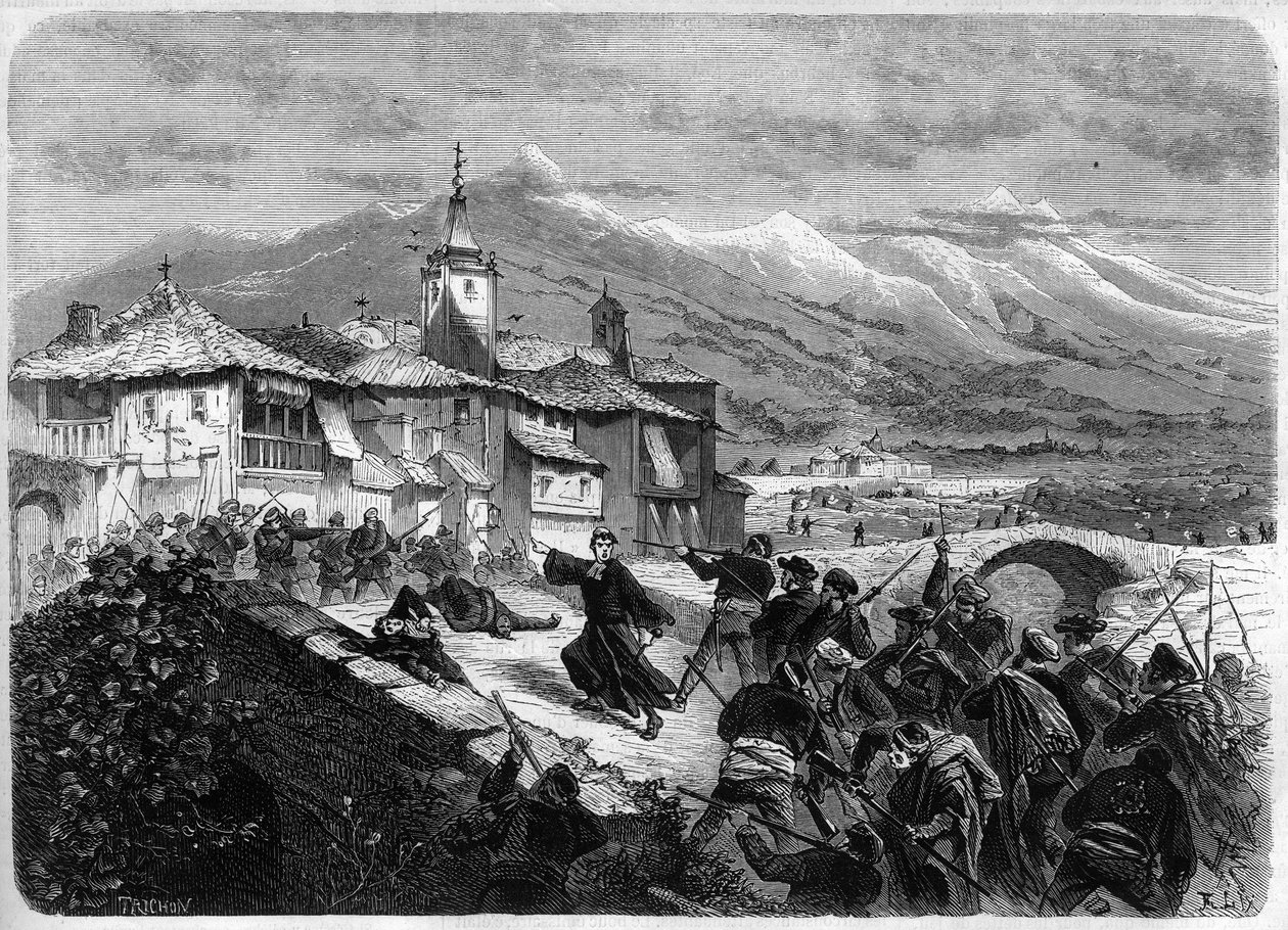 Harmadik karlista háború (1872-1876): Csata a kormány csapatai és egy karlista banda között Navarrában, Spanyolországban. Metszet a „” L