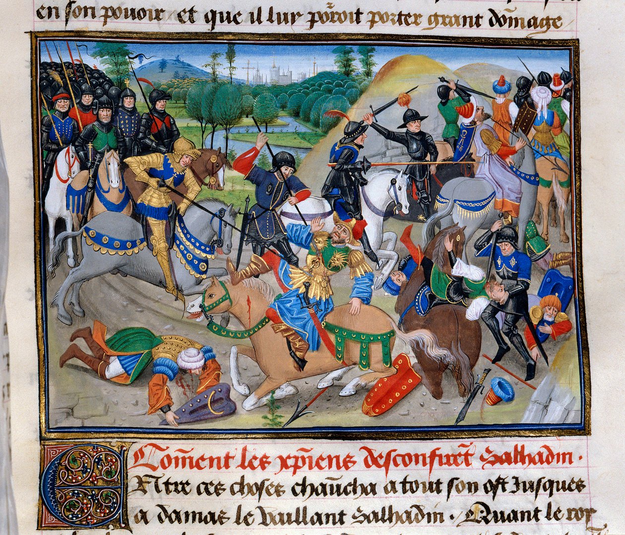 Harmadik keresztes hadjárat: „Hogyan erősítik meg a keresztények Szaladint”” Saladin (1138-1193) (Salah al Din Yusuf al-Ayyubi (al Ayyubi) vereséget szenved a keresztes hadjáratoktól 1191 körül. Miniatűr David Aubert „” Chronicle abregee”-ből alkotó: Unknown artist