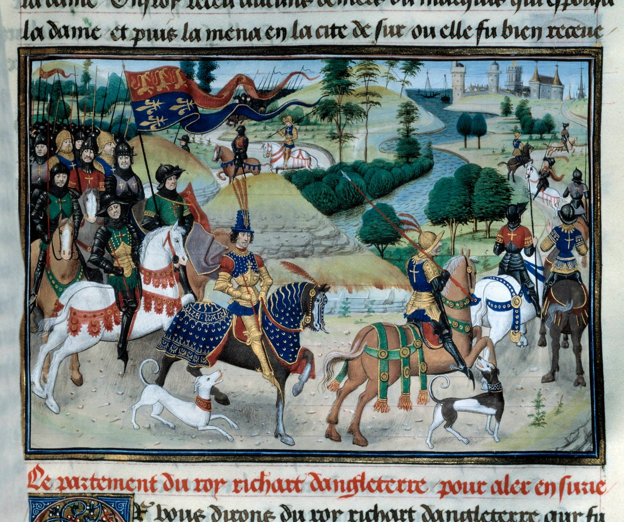 Harmadik keresztes hadjárat: Richard Lion Heart (vagy I. angol Richárd (1157-1199)) 1191 júniusában hajózott a Szentföldre, a ciprusi induláskor. Miniatűr Loyset Liedet (1420-1479) „Császárok krónikájából” 15. század. Párizs, az Arzenál könyvtára alkotó: Unknown artist