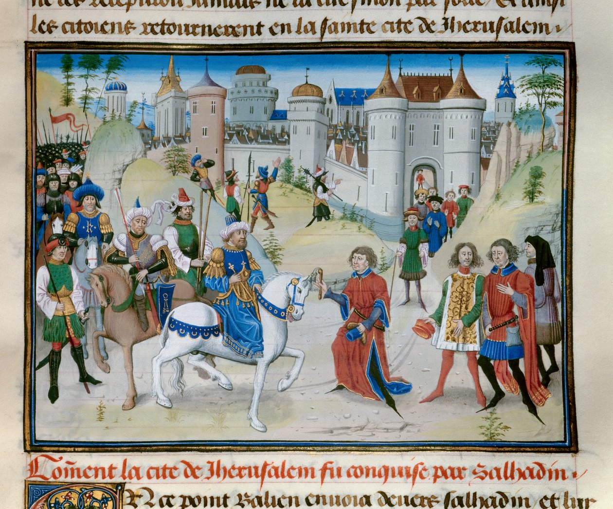 Harmadik keresztes hadjárat: Jeruzsálem elfoglalása Szaladin szultán (1138-1193) által (Salah al-Din Yusuf al-Ayyubi (al-Ayyubi) 1187-ben. Miniatűr a "" Chronicle abregee" -ből, David Aubert alkotó: Unknown artist