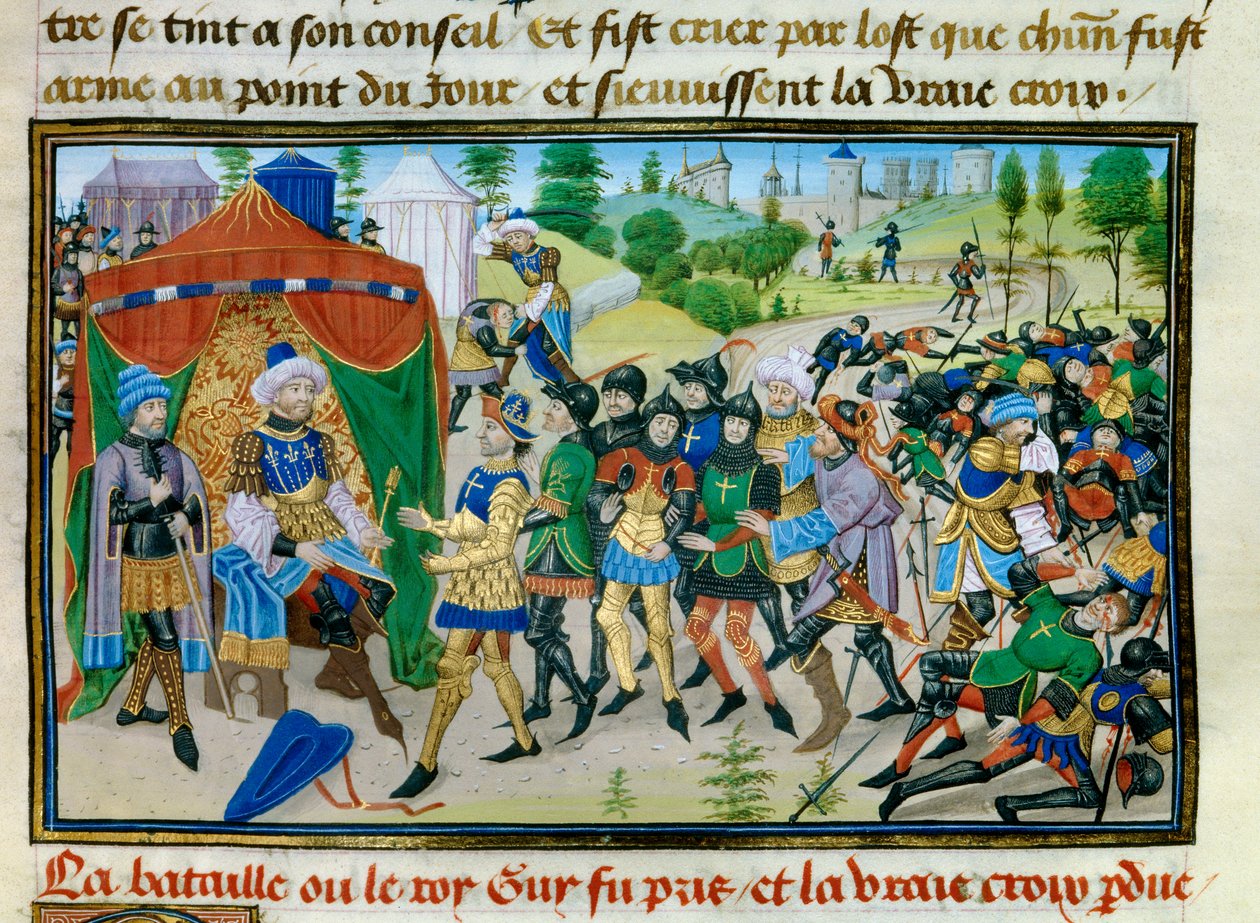 Harmadik keresztes hadjárat: az Igaz Kereszt elvesztése a hattini csata során 1187. július 4-én, miniatűr David Aubert „” Chronicle abregee” című könyvéből, 1450 körül alkotó: Unknown artist