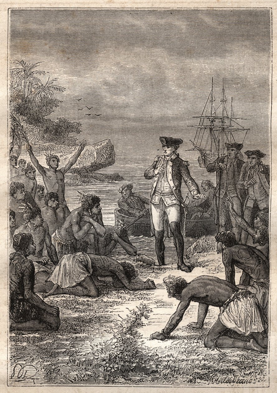 James Cook kapitány (1728-1779) harmadik útja (1776-1779): Cookot szívesen fogadják a bennszülöttek (Hawaii) – az illusztráció a „18. századi nagy tengerészek” című könyvből vett. alkotó: Unknown artist