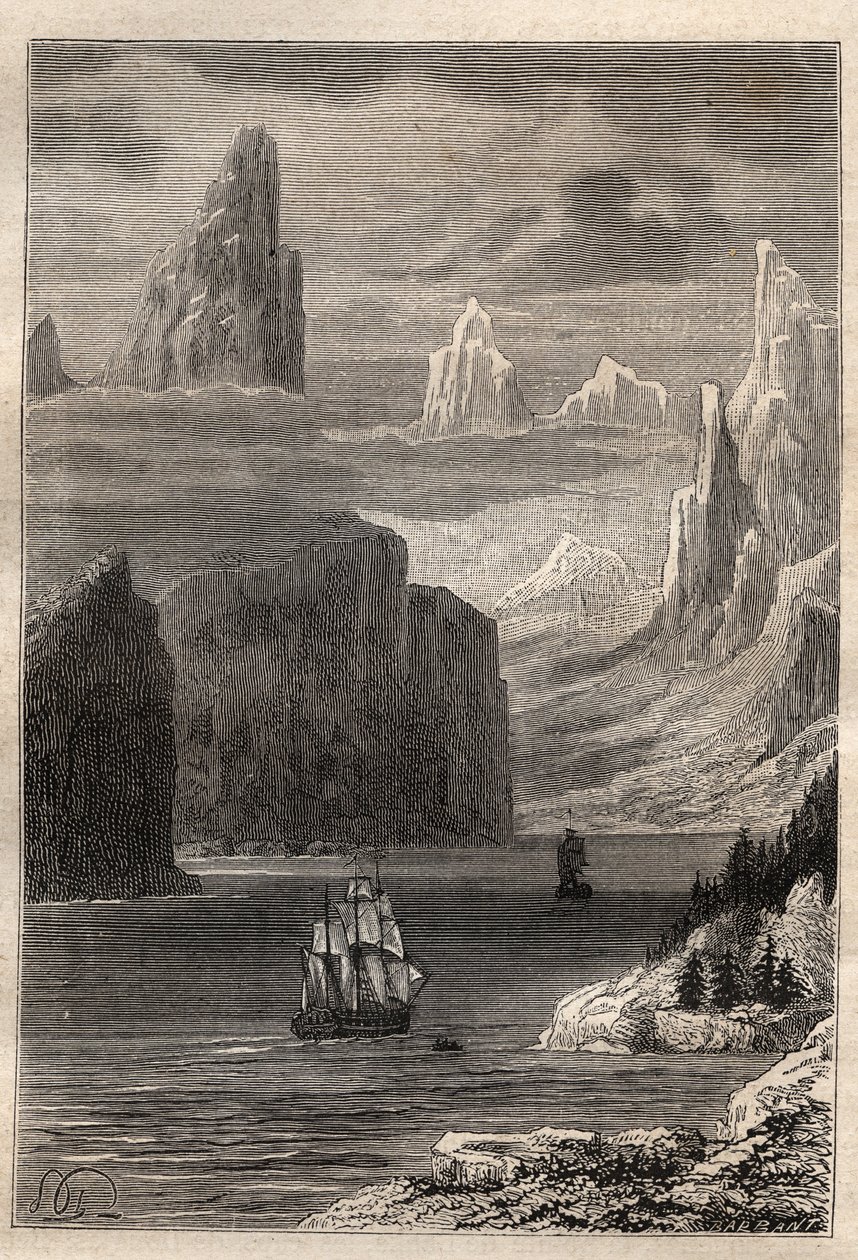 James Cook kapitány (1728-1779) harmadik útja (1776-1779): Vilmos herceg (Villamos herceg) bejárata (Alaszka) - az illusztráció a „18. századi nagy tengerészek” című könyvből vett. alkotó: Unknown artist