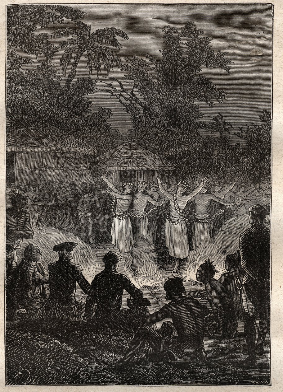 James Cook kapitány (1728-1779) harmadik útja (1776-1779): lakoma a Barátok szigetein (Tongai Királyság, Polinézia) – illusztráció a „18. századi nagy tengerészek” című könyvből. alkotó: Unknown artist