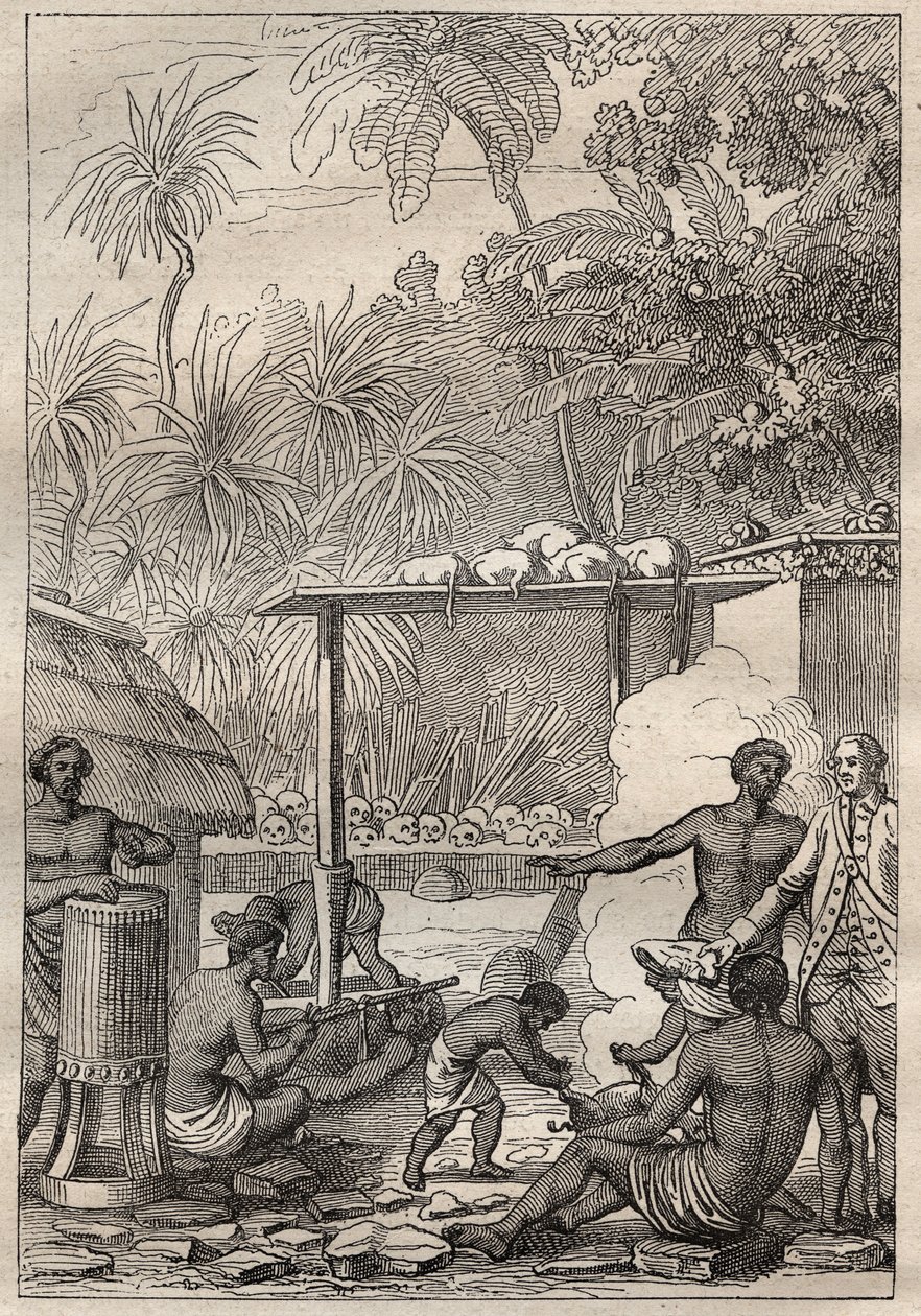 James Cook kapitány (1728-1779) harmadik útja (1776-1779): emberáldozat Tahitin – az illusztráció a „18. századi nagy tengerészek” című könyvből vett. alkotó: Unknown artist