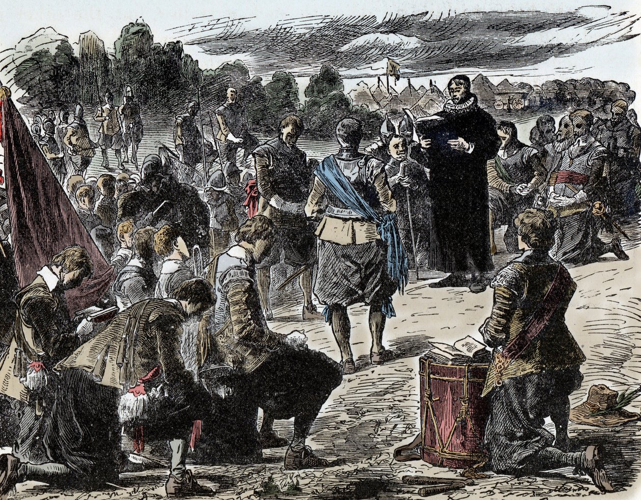 Harmincéves háború: Svédek imában a luetzeni csata előtt – Harmincéves háború (1618-1648): II. Gusztáv Adolf svéd király (1594-1632) és csapatai a lutzeni csata (1632) előtt egy vallási ünnepségre gyűlnek össze alkotó: Unknown artist