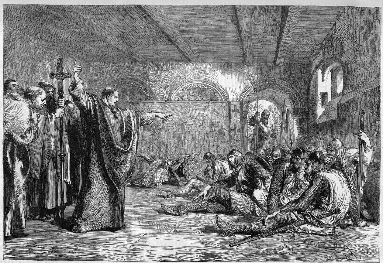 Thomas Becket 1170. december 29-én halt meg: Canterbury Szent Tamás érseke (1117-1170) lakásán találkozik bérgyilkosaival, Tracy Vilmos lovagokkal, Breton Richárddal, Reginald Fitzurse-vel, Hugues of Morville-vel (H király támogatói). alkotó: Unknown artist