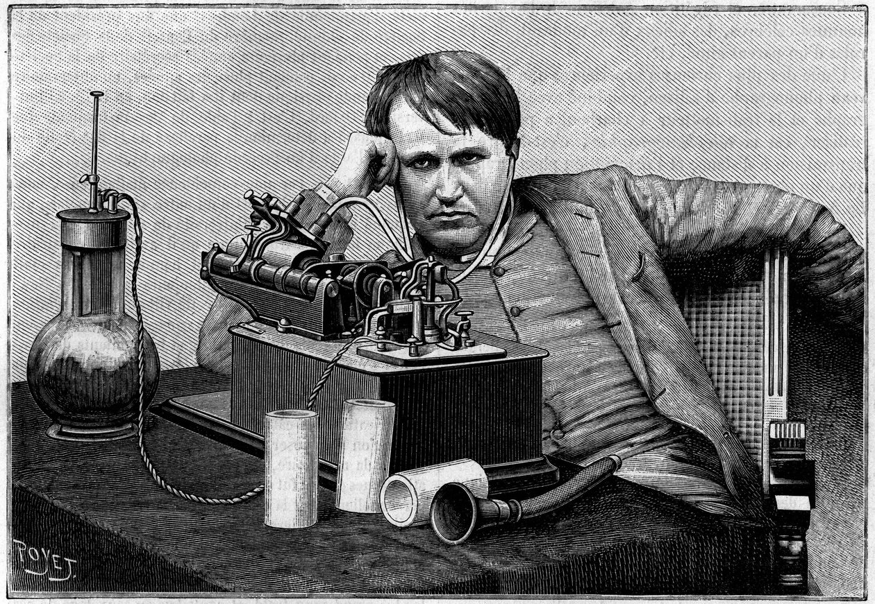 Thomas Edison (1847-1931), amerikai fizikus New Yorkban, amikor meghallotta az első Angliából küldött „fonogramot”. (Egy fényképről, amelyet Gouraud ezredes közölt a „La Nature”-vel). Gravírozás: „” La Nature: revue des sciences et de leurs applications au alkotó: Unknown artist