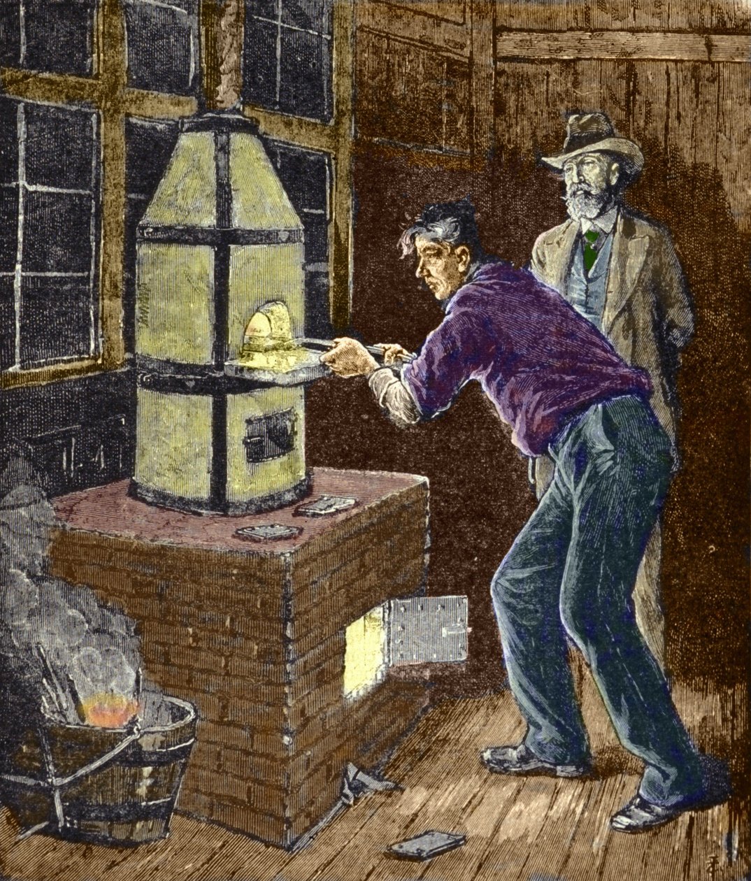 Thomas Edison 1879 körül kísérletezik szénpapírral az izzólámpákhoz. alkotó: Unknown artist