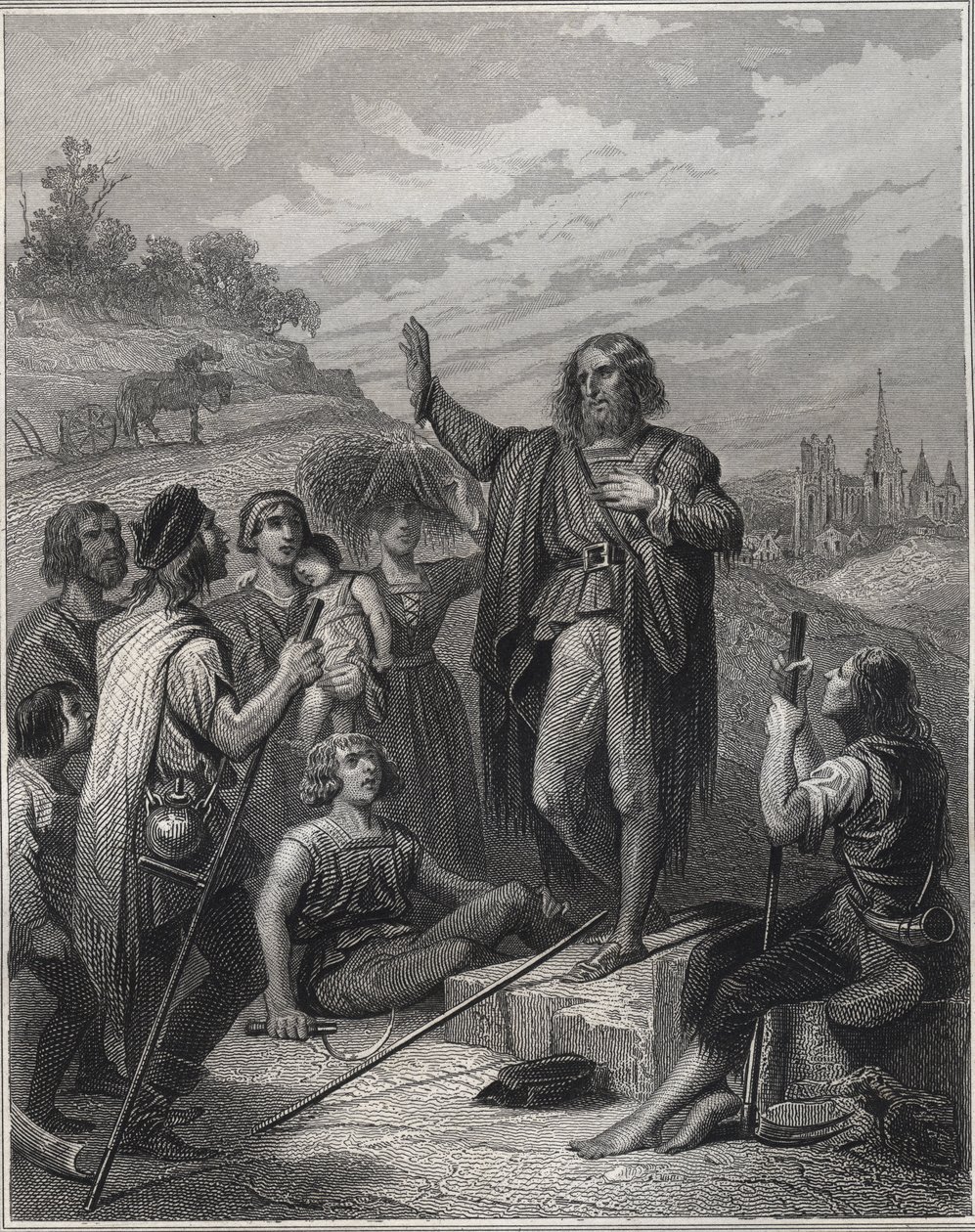 Thomas Muntzer prédikáció – Thomas Muntzer (Munzer) (1489-1525) tanítja a tanát – Alfonse: „Les Fastes Populaires, avagy az emberek hősi tetteinek története és azok befolyása a tudományokra, a művészetekre, az iparra és a mezőgazdaságra” metszet E alkotó: Unknown artist