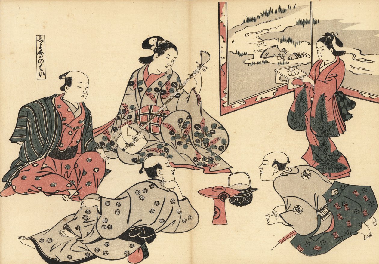 Három szamuráj hallgatja, ahogy egy kurtizán játszik a shamisenen, miközben egy kamuro ételt hoz a tálcán. Masanobu Okumura (1686-1764) fatömbnyomata Fuzoku Emakimono-tól, Képtekercs a vízkereskedelemről, Tokió, utánnyomás 1880 körül. alkotó: Unknown artist