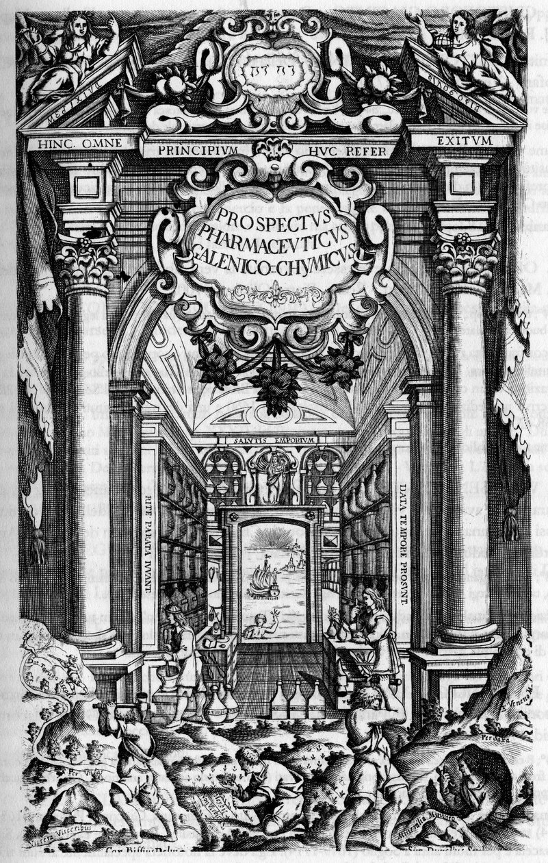 A "" GYÓGYSZERÉSZETI TÁJÉKOZTATÓ címoldala, amely alatt a Milánói ANTIDOTARY Galen-Chemicum alkotó: Unknown artist