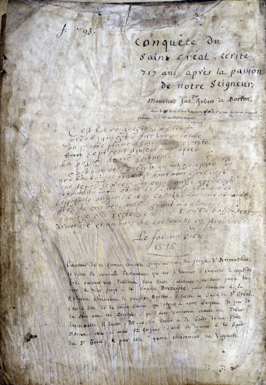 Egy kézirat címlapja: Szent Gréal meghódítása, 717 évvel urunk szenvedélye után. Bibliotheque Municipale de Rennes, ms. 255 (A Kerekasztal regénygyűjteménye); Párizs alkotó: Unknown artist