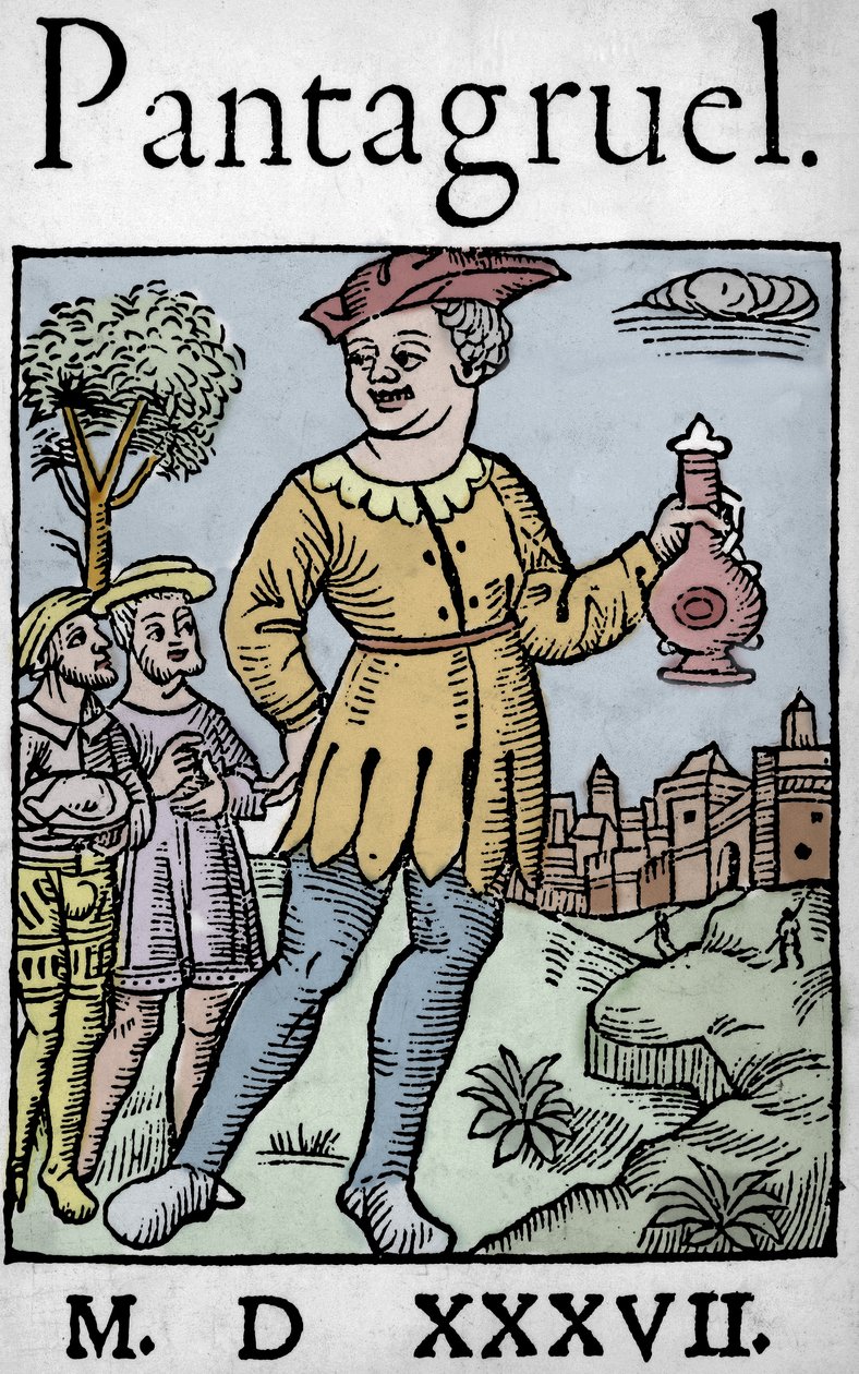 A Pantagruel 1537-es kiadásának címlapja, Francois Rabelais - Az óriás Pantagruel és két apostola, "Pantagruel tanítványa" alkotó: Unknown artist