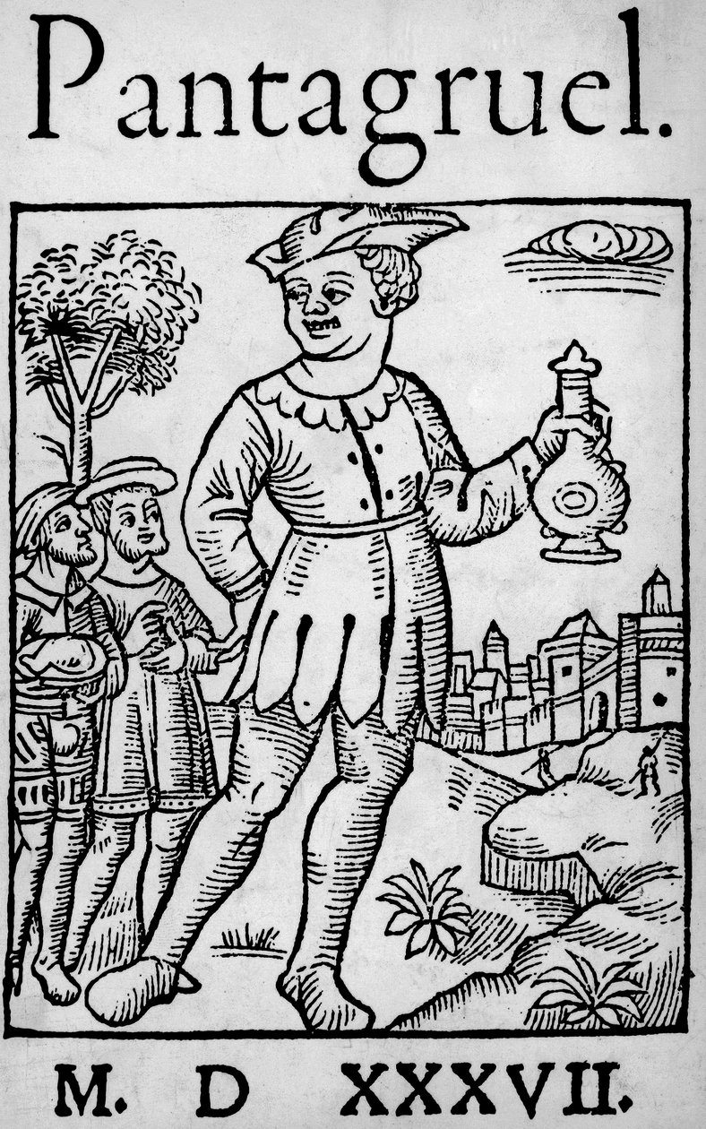 A Pantagruel 1537-es kiadásának címlapja, Francois Rabelais - Az óriás Pantagruel és két apostola, "Pantagruel tanítványa" alkotó: Unknown artist