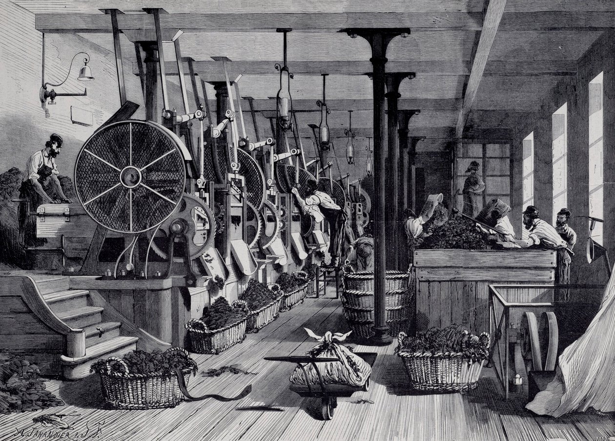 Dohánygyár, mosókonyha és dohányrapage. Metszet 1867 körül. Párizs, Musee Carnavalet alkotó: Unknown artist