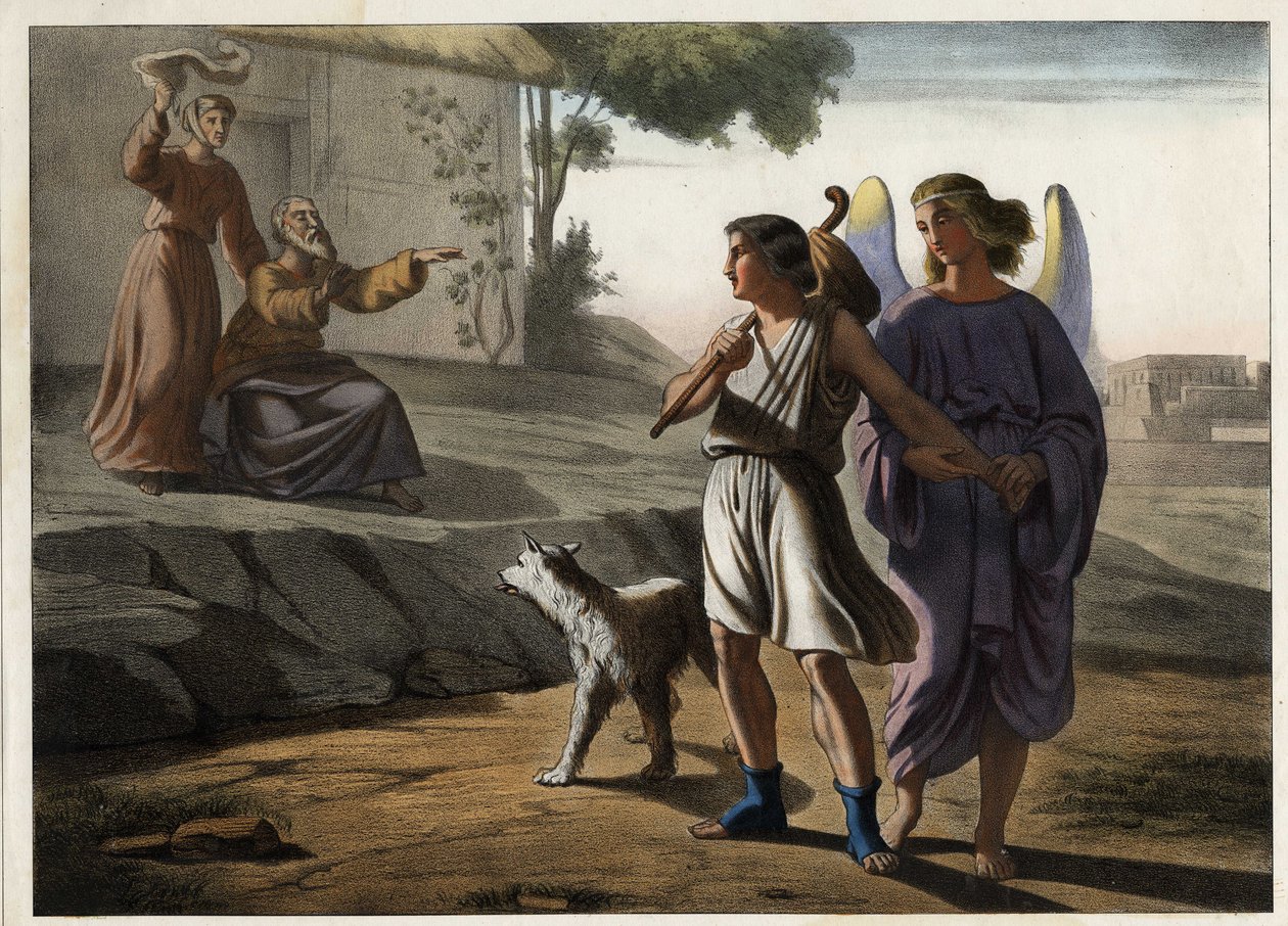 Tobie távozása az angyal kíséretében (a szülei köszöntik, köztük Tobit, az apja is). Névtelen metszet a 19. század közepéről. alkotó: Unknown artist