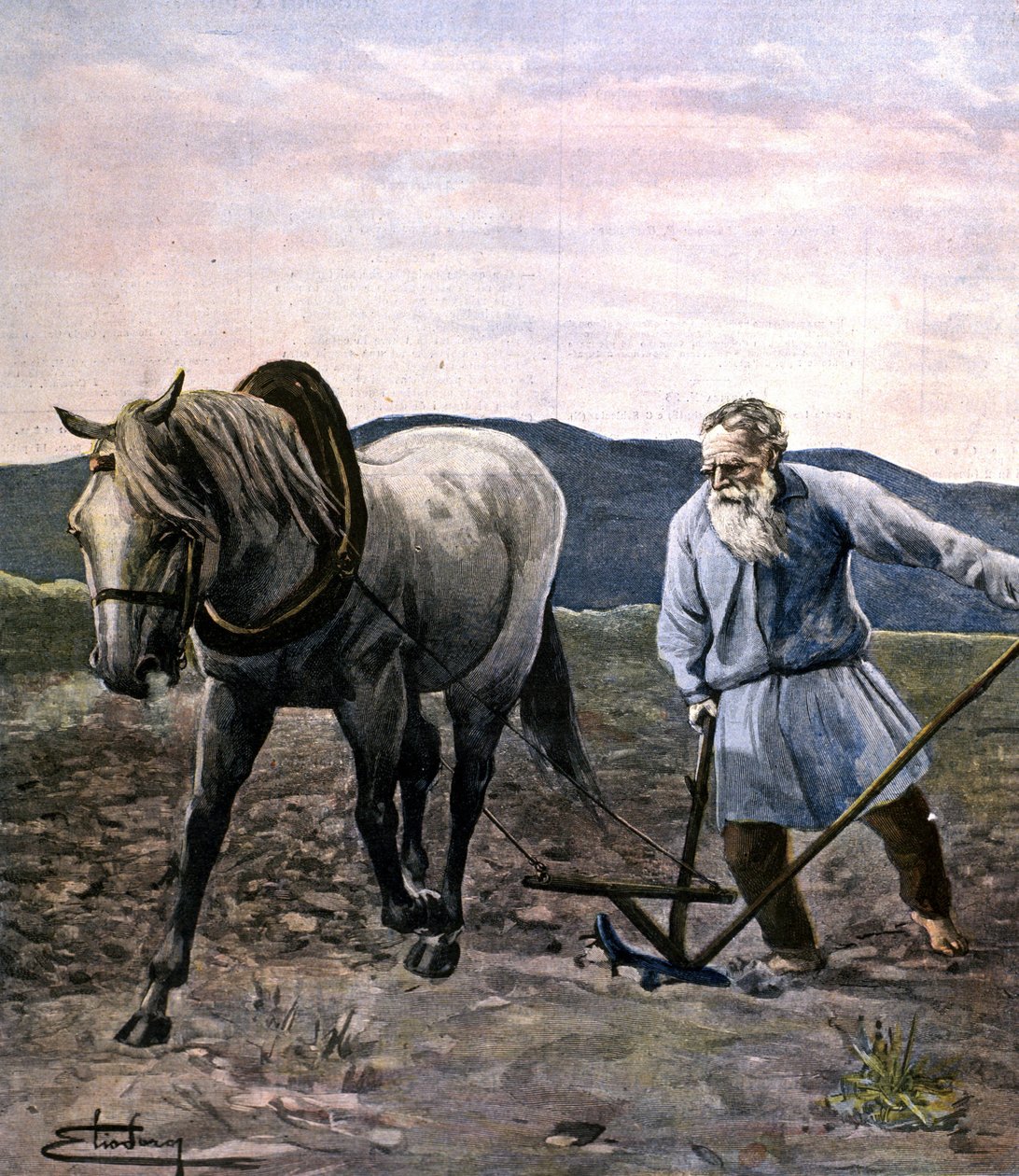 Tolsztoj szánt. 19. század végi metszet. alkotó: Unknown artist