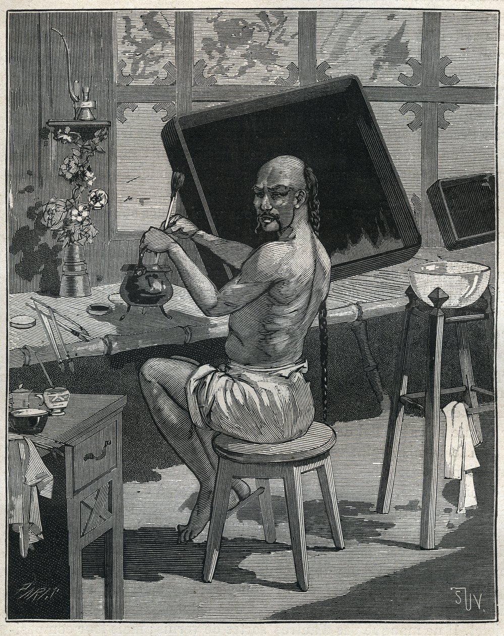 Tong olajhiány Kínában. Metszet 1885-ből Adolphe BITARD „Les arts et metiers illustres” című könyvében. alkotó: Unknown artist
