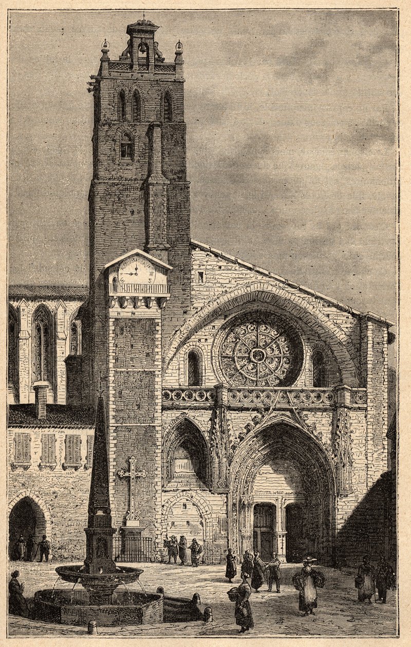 Toulouse-i székesegyház – Cathedrale Saint-Etienne de Toulouse – (Szent Etienne) metszet „” PATRIE” felirattal – A PECTUREQUIREQUE FRANCIAORSZÁG LEÍRÁSA 6 KÖTETŐBEN LUCIEN HUARD - 19. század vége alkotó: Unknown artist