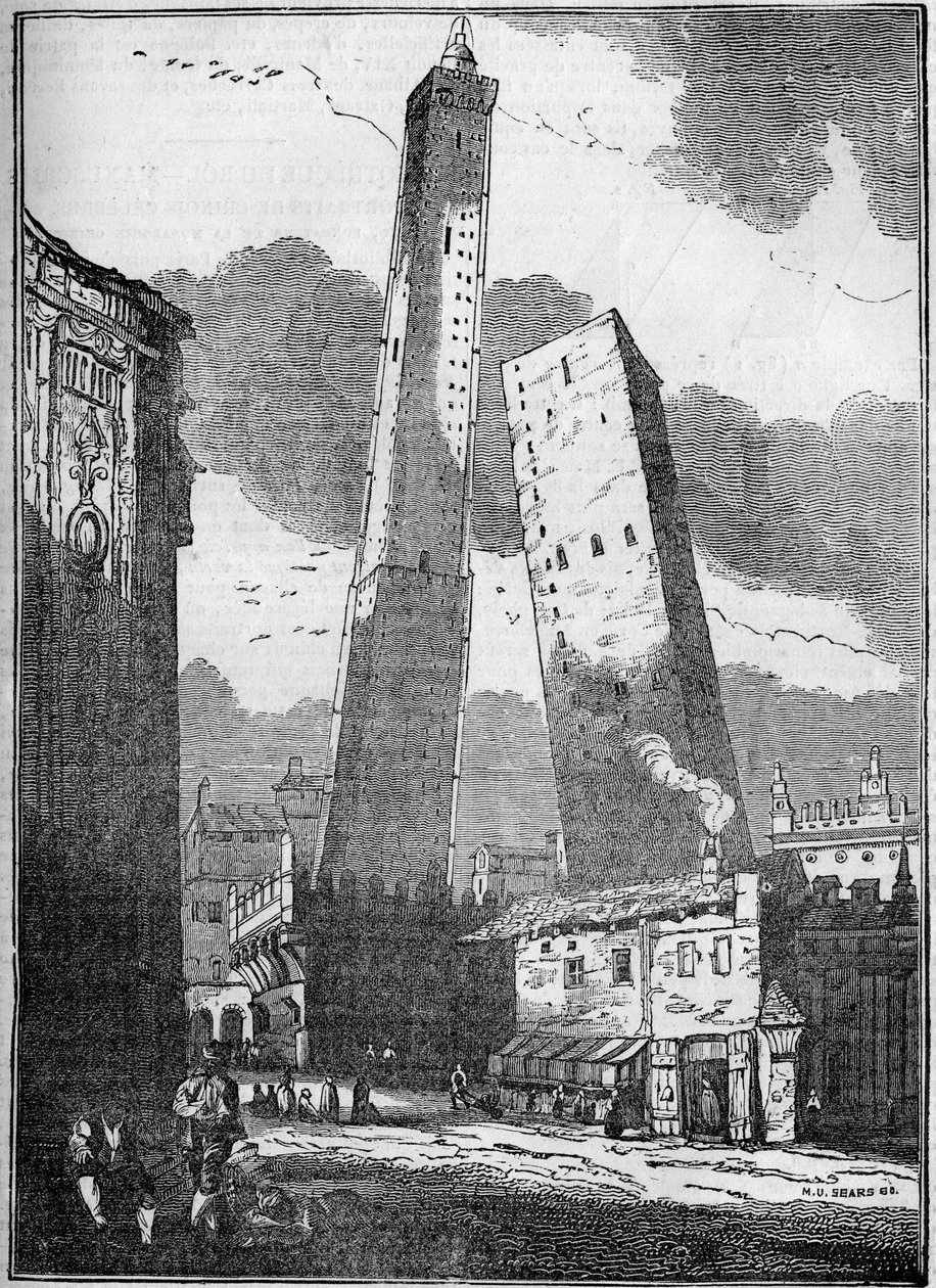 Bologna tornyai - az Asinelli-torony és a kisebb Garisenda-torony - metszet XIX. alkotó: Unknown artist