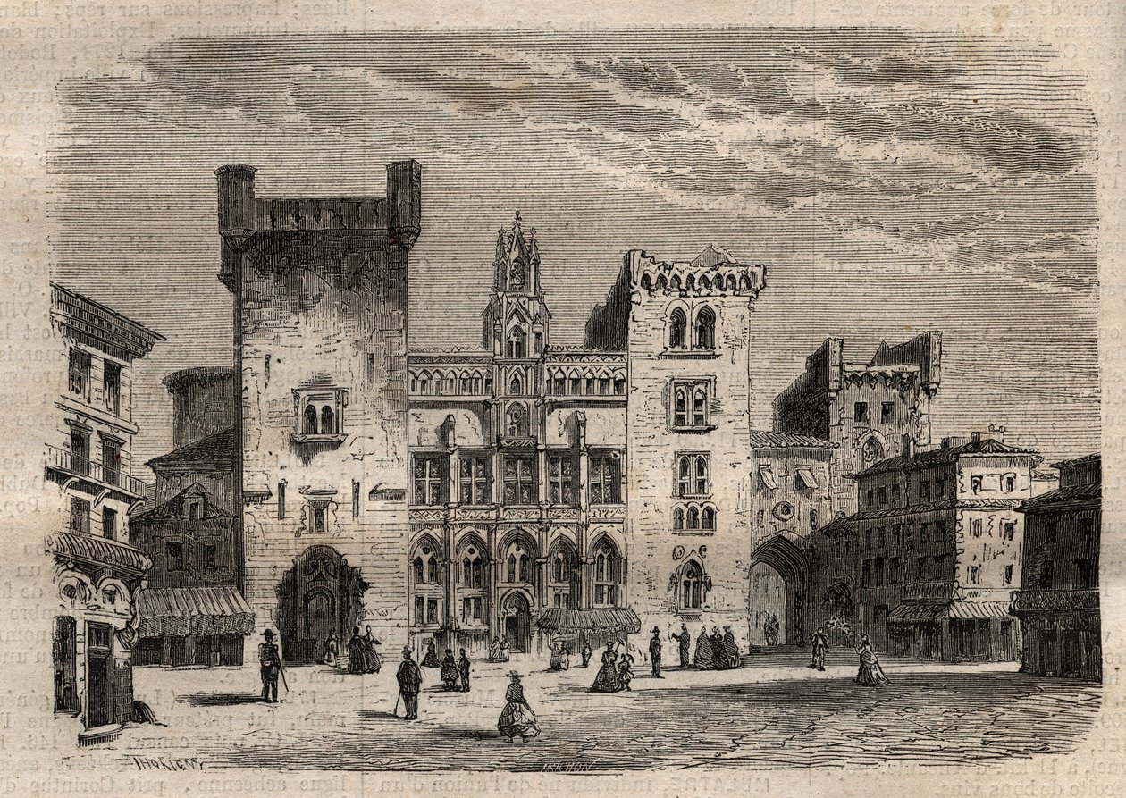 Narbonne városháza - Languedoc-Roussillon-Midi-Pyrénées - Franciaország - "Dictionnaire populaire illustrious" metszet - 1864 - Joseph Decembre és Edmond Allonier alkotó: Unknown artist