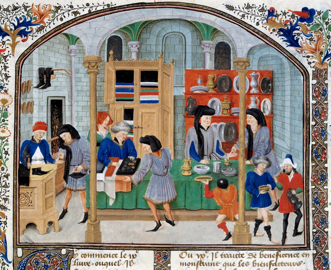 Kereskedelmi jelenet: a kereskedők egy boltban étkészletet és ezüsttárgyakat mutatnak be vásárlóiknak. Miniatűr Arisztotelész (Kr. e. 384-322) görög filozófus „Etikai, politikai és gazdasági” című kötetéből alkotó: Unknown artist