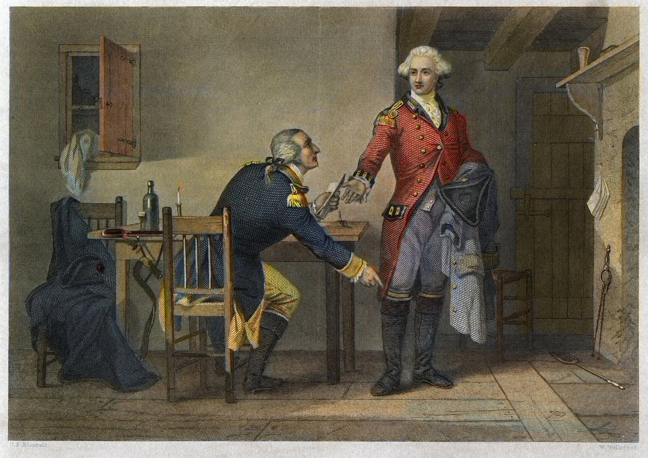 Trahison of Arnold - Függetlenségi háború vagy amerikai forradalom (1775-1783) - Benedict Arnold (1741-1801) szeptember 21-i találkozójukon sikerült meggyőznie John Andre őrnagyot (1750-1780), hogy rejtse el a West Point terveit. 1780. alkotó: Unknown artist