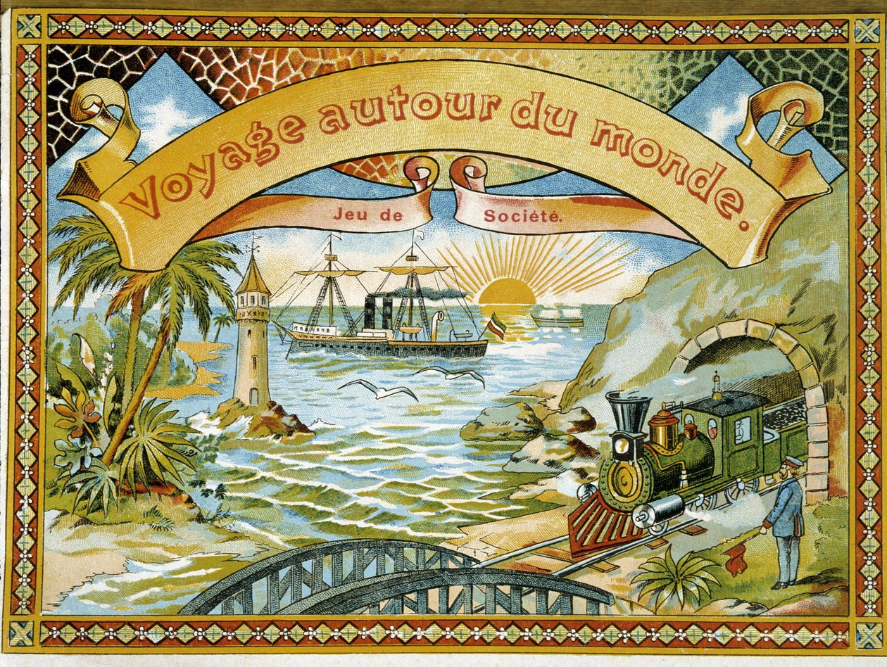Vonat, világítótorony és hajó, címlapjáték „Utazás a világ körül”, a.n.d. 19. alkotó: Unknown artist
