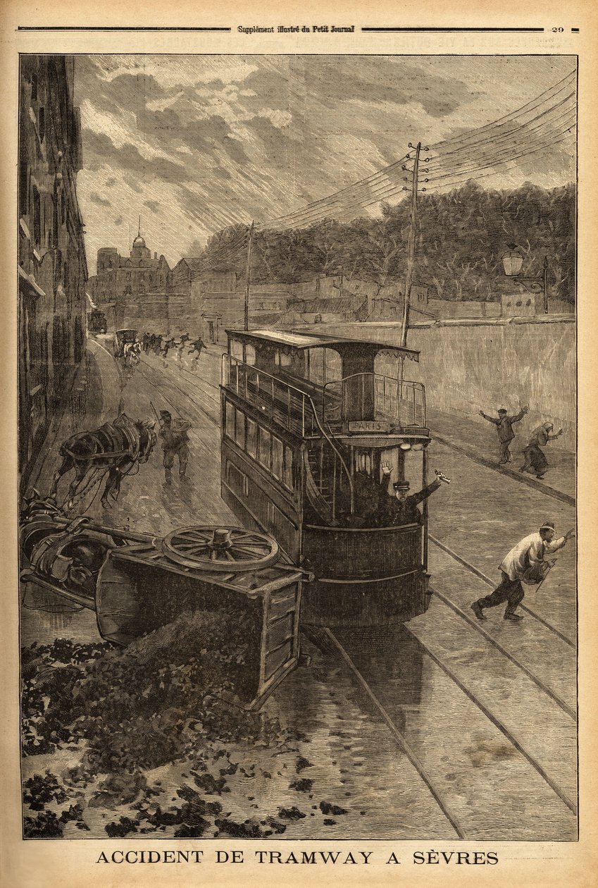 Sevresben villamosbaleset, anyagi kár, személyi sérülés nem történt. Metszet a „” Le petit Journal”-ban, 1897.01.24. Selva kollekció. alkotó: Unknown artist