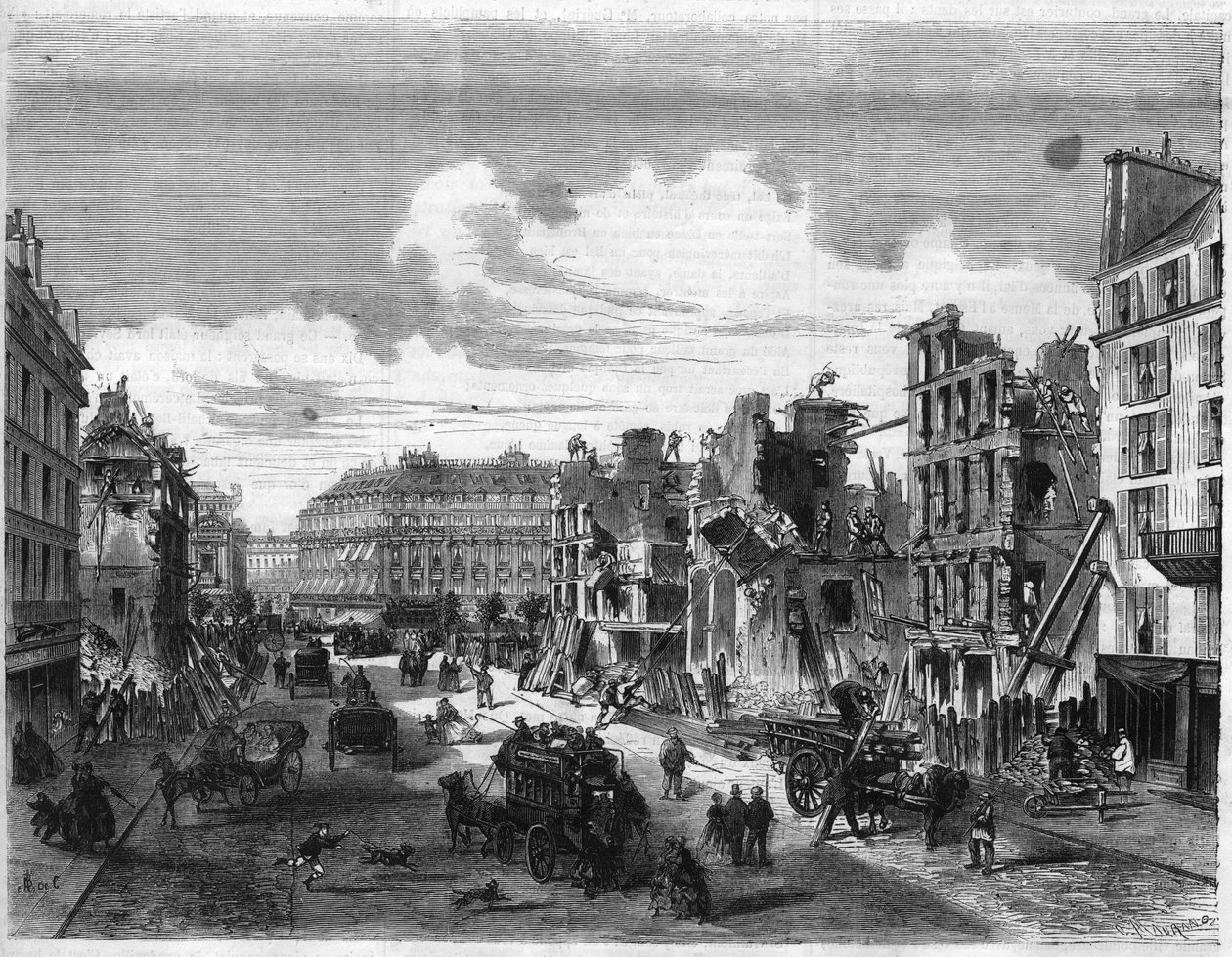 Párizs átalakításai a Második Birodalom alatt, Paris Haussmann (Boulevard, Haussmann munkái): a Rue de la Paix lebontása a Rue Reaumur megnyitásához. Metszet a "" The Illustrious Universe" -ba alkotó: Unknown artist