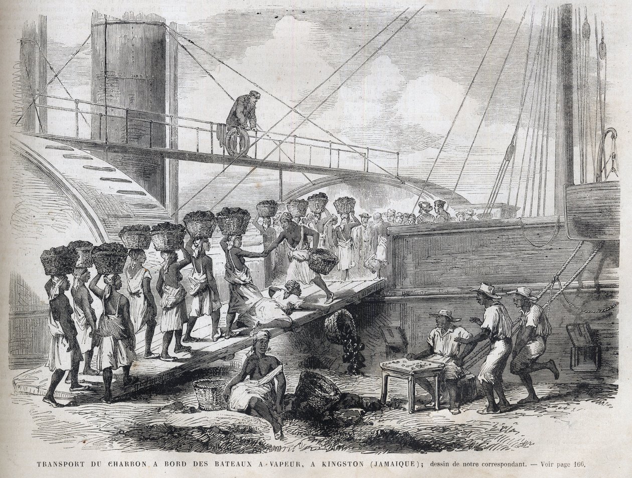 Szénszállítás gőzhajók fedélzetén Kingstonban (Jamaica) - Szénrakodás Kingstonban - Jamaica - 1866 Metszet a „” The Illustrous Universe”-ből” 1866 alkotó: Unknown artist