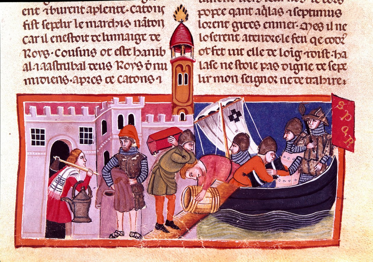 Áruk és élelmiszerek belvízi szállítása. Miniatúra egy francia kódexből pergamenre „A rómaiak tényei””, amely az ókori történelmet meséli el egészen Jules Cesarig (Kr. e. 101-i. e. 44). 13. századi Velence, biblioteca Marciana alkotó: Unknown artist