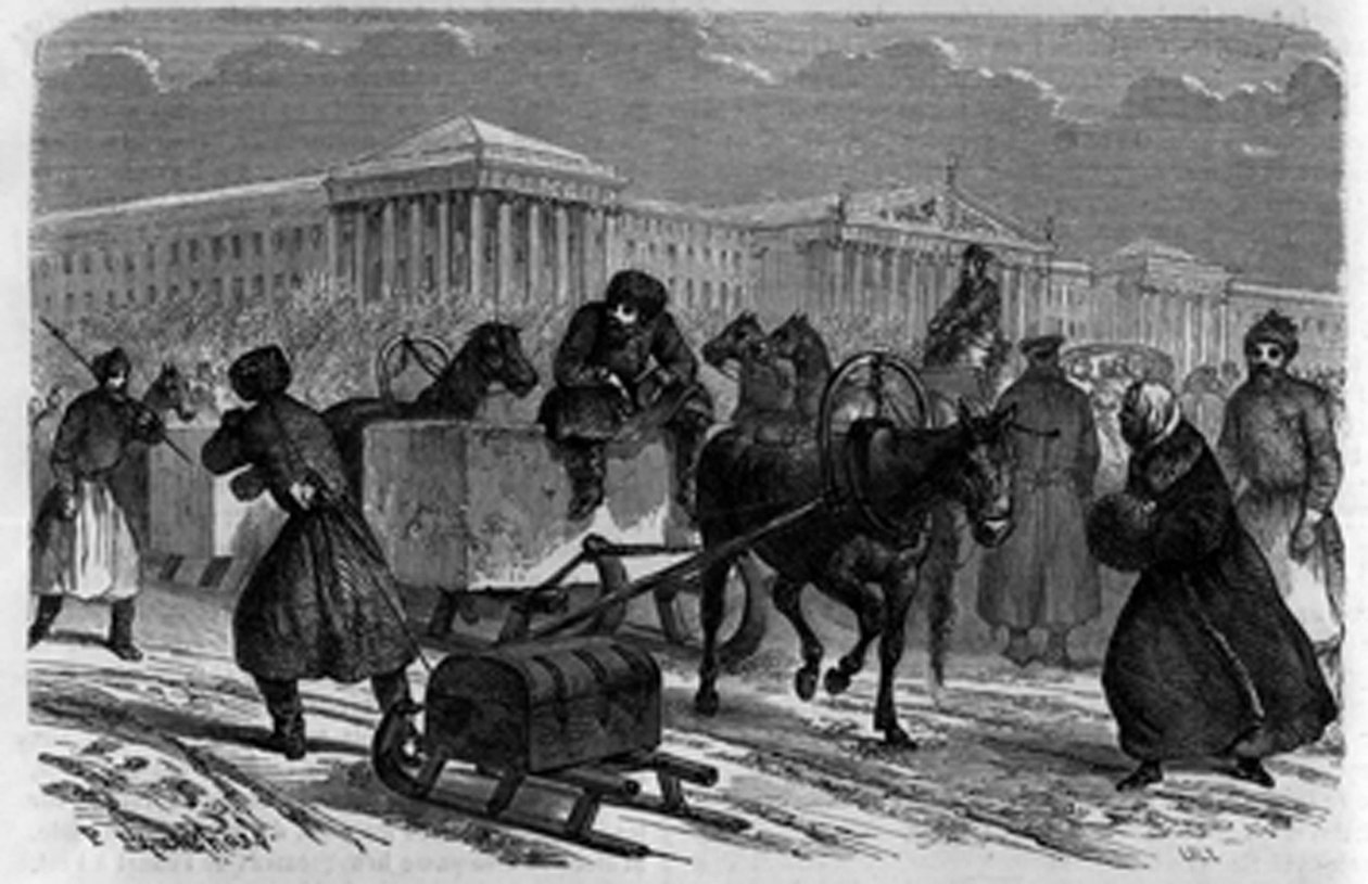 Jégszállítás Szentpéterváron, Oroszországban. Metszet a „The Youth Journal”-ban alkotó: Unknown artist