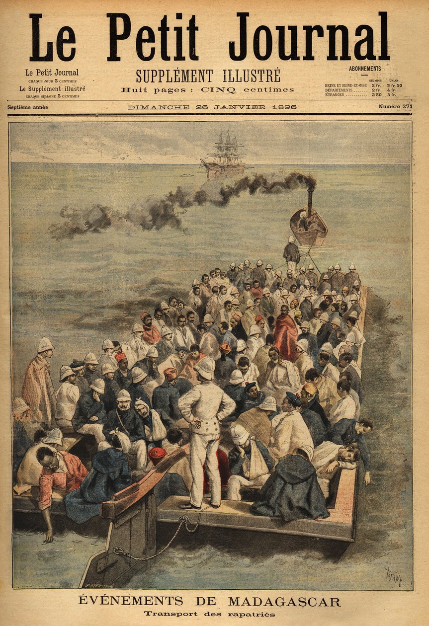 Sérült repatírok szállítása Madagaszkárról. Metszet a „” Le petit Journal”-ban 1896.01.26. Selva gyűjteménye. alkotó: Unknown artist