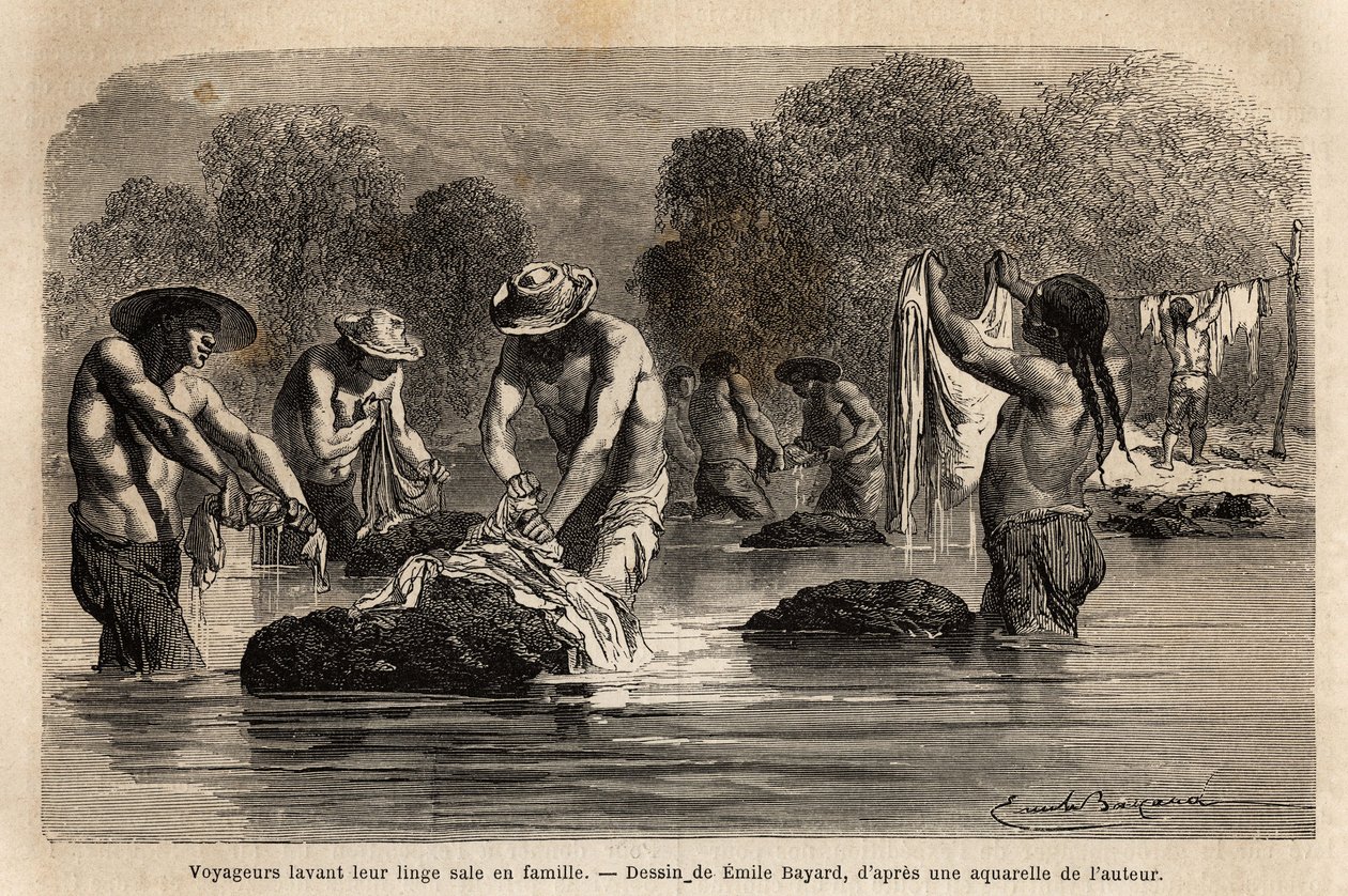 Az utazók, akik piszkos szennyesüket a folyóban mossák, bolíviai peonokkal együtt Maniri (Alsó-Peru) környékén. Paul Marcoy 1849-1861-ben megjelent gravírozása a Quinquinas dans les vallees de voyage című művében, megjelent a „Le tour du monde”” 18. alkotó: Unknown artist