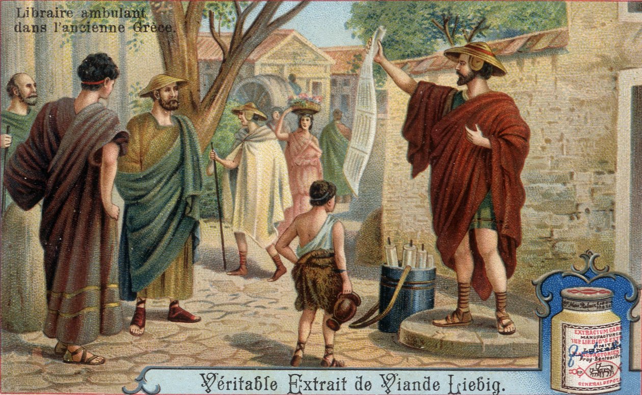Utazó könyvkereskedő az ókori Görögországban. Kromolitográfia, Liebig-kép. alkotó: Unknown artist