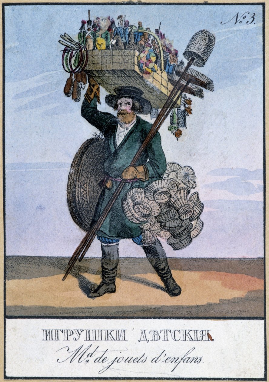Utazó gyermekjáték-kereskedő - Metszet a XIX alkotó: Unknown artist