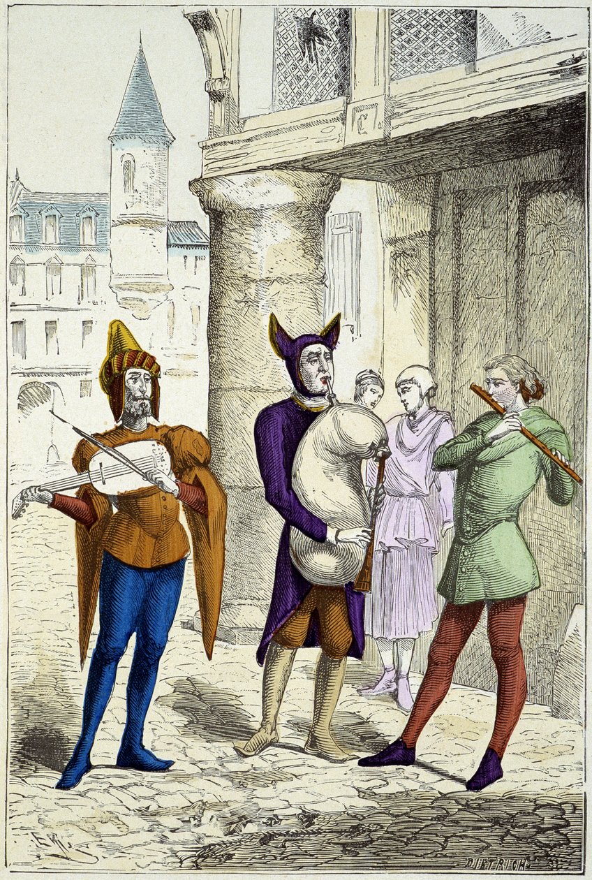 Utazó zenészek a 15. században – „” Costumes de Paris évszázadokon át”” alkotó: Unknown artist