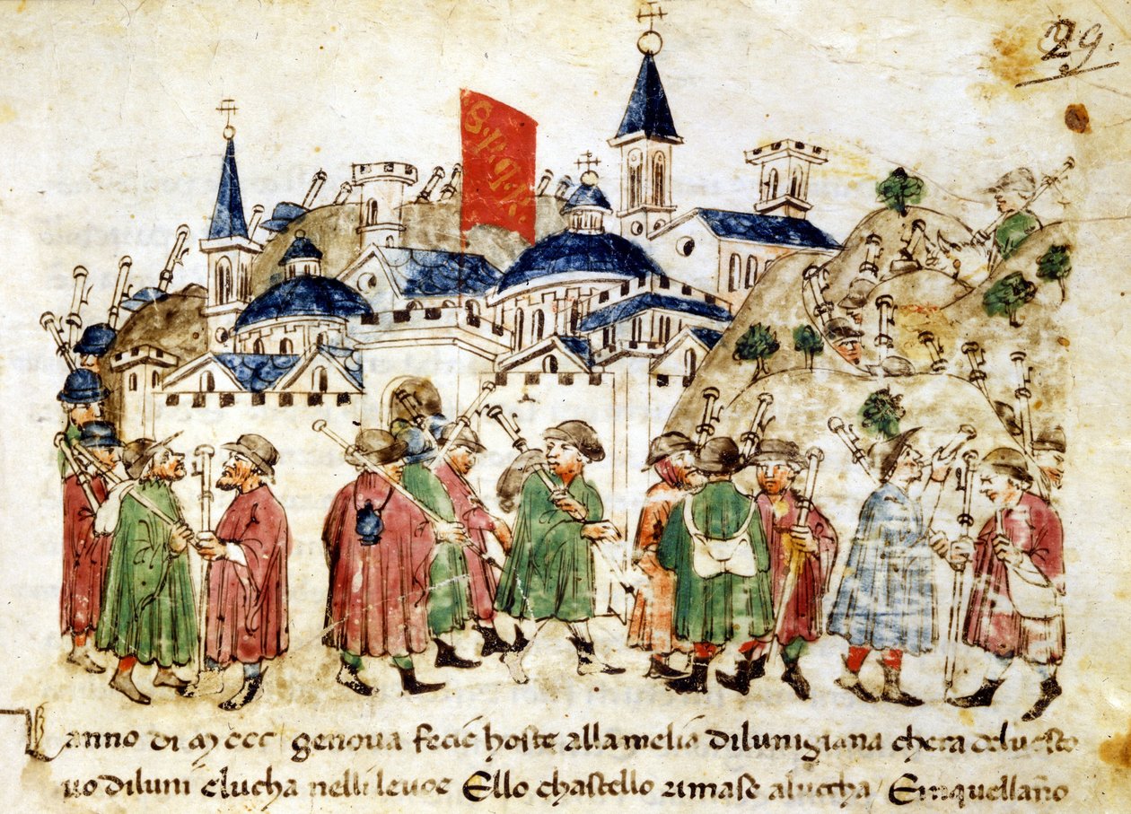 Utazó zarándokok érkeznek Rómába. 14. század. Krónikák Sercambi. Lucca, Országos Levéltár. alkotó: Unknown artist