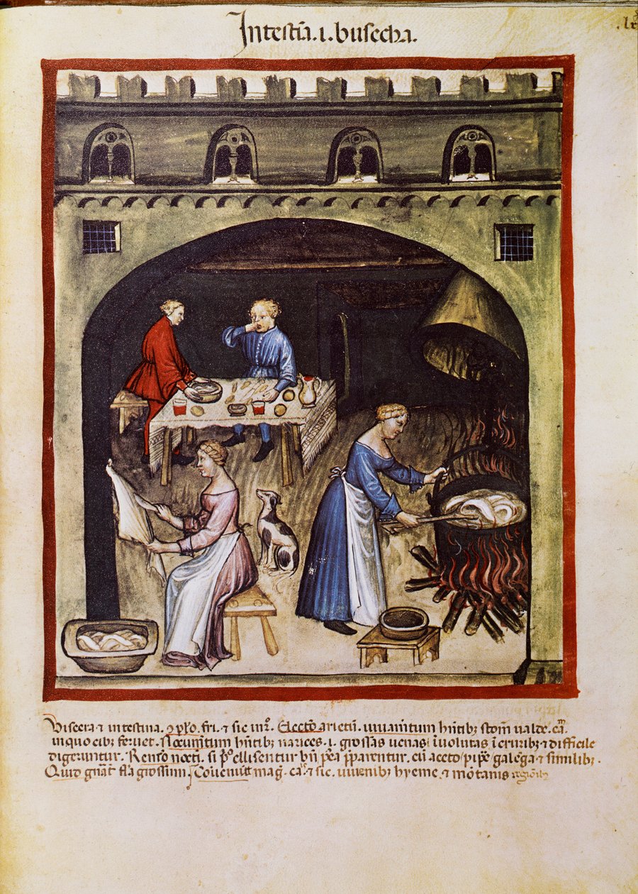 Gyógyszeres kezelés: „” az állatok beleinek és zsigereinek megfőzésével””. A „Tacuinum sanitatis” (Cod. ser. nov. 2644) oldal 1400 körül Bécs, Osterreichische Nationalbibliothek alkotó: Unknown artist