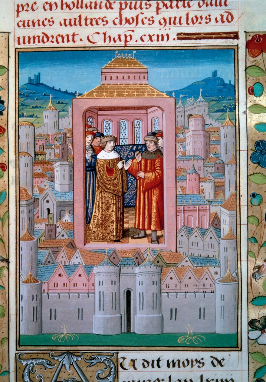 Conflans-i szerződés 1465. május 5-én XI. Lajos király és Charles de Charolais között (később Temeraire Károly, amely véget vet a nemesek lázadásának vagy a Közjó Ligájának. Miniatűr Enguerrand de Monstrelet (1400-1453) „Les Chronics de Monstrelet”-ből) 15 alkotó: Unknown artist
