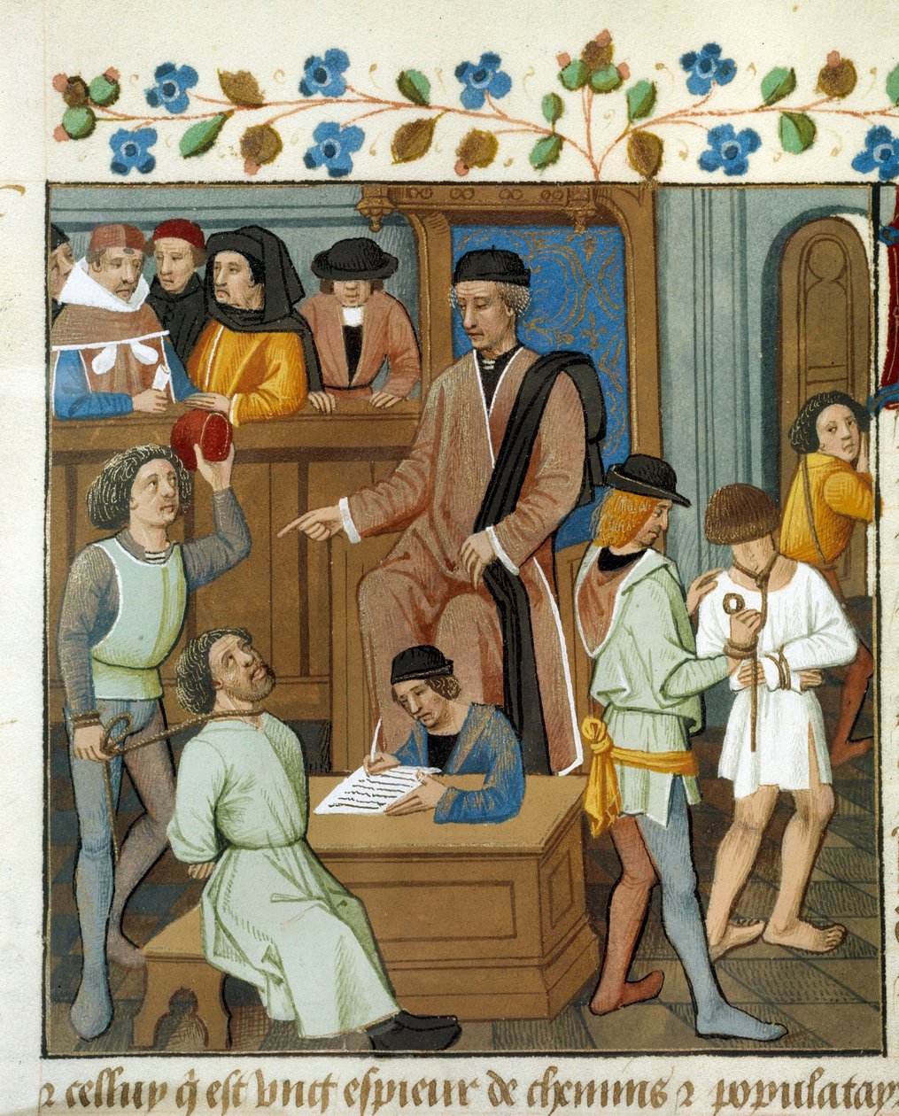 Tárgyalási jelenet: a bíró kihallgat egy kötelet a nyakában viselő elítéltet. Miniatűr kéziratból. 15. századi Párizs, B.N. alkotó: Unknown artist